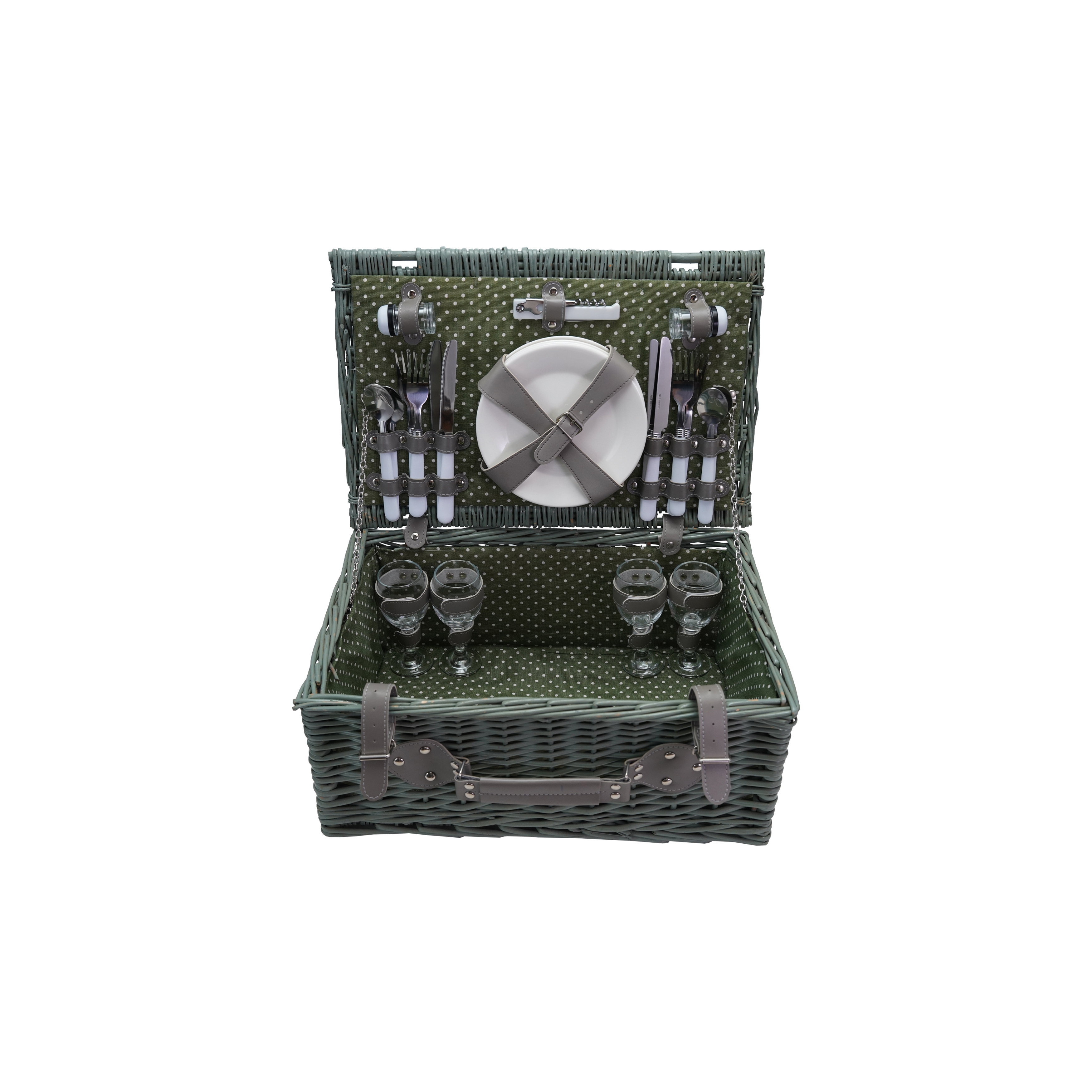 Woven Picnic Basket with 24 Items for 4 People, Green/Grey - Image 0
