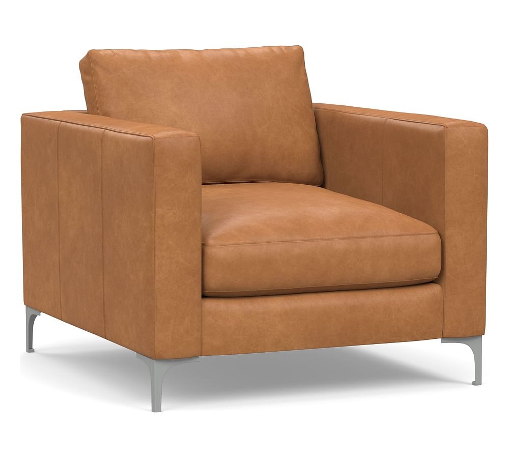 Jake Leather Armchair with Brushed Nickel Legs, Down Blend Wrapped Cushions Churchfield Camel - Image 0