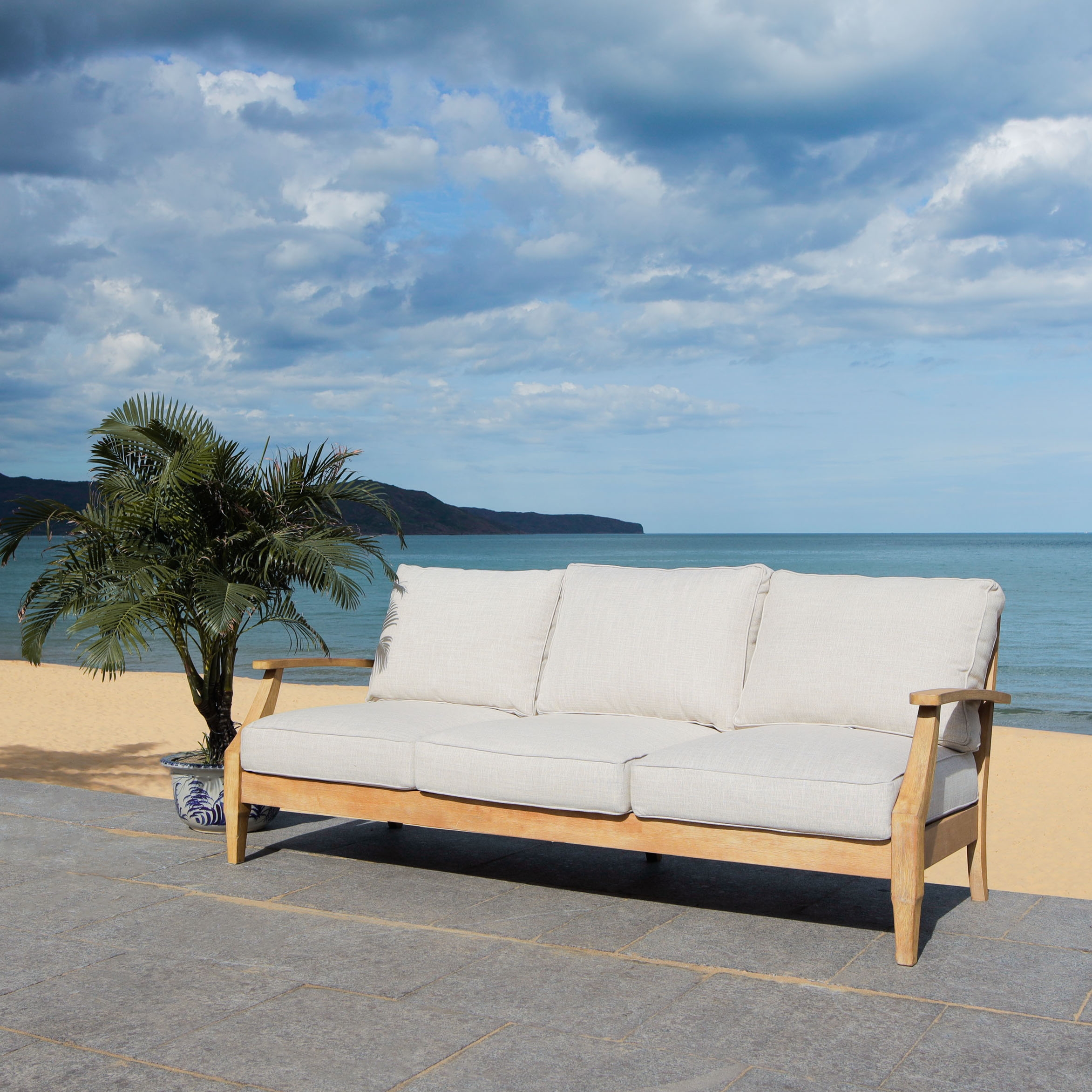 Martinique Wood Patio Sofa - Natural/White - Arlo Home - Image 1