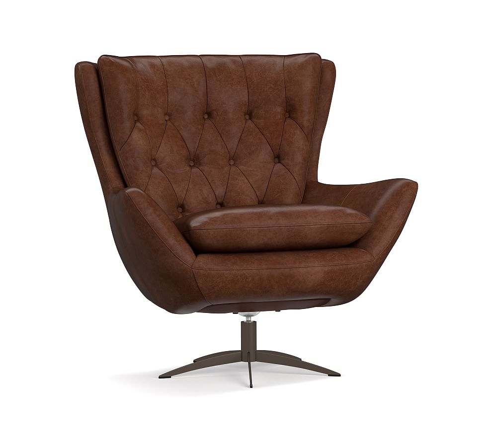 Wells Leather Swivel Armchair with Brass Base, Polyester Wrapped Cushions, Vintage Caramel - Image 0