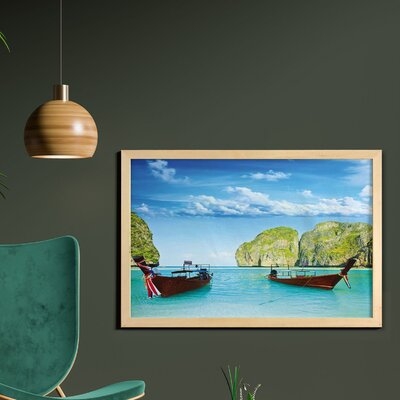 Ambesonne Landscape Wall Art With Frame, Traditional Longtail Boats At Maya Bay In Thailand Exotic Seascape Image, Printed Fabric Poster For Bathroom Living Room Dorms, 35" X 23", Multicolor - Image 0
