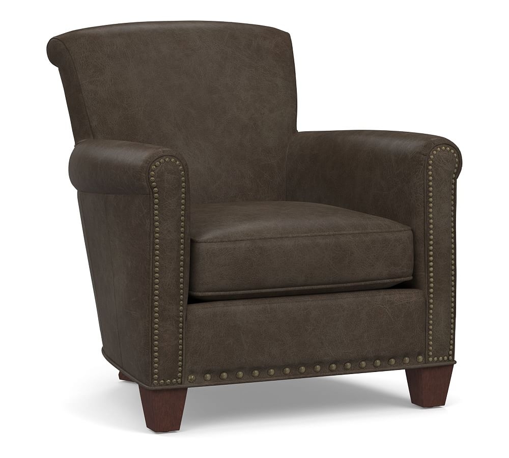 Irving Roll Arm Leather Armchair, Bronze Nailheads, Polyester Wrapped Cushions, Statesville Wolf Gray - Image 0
