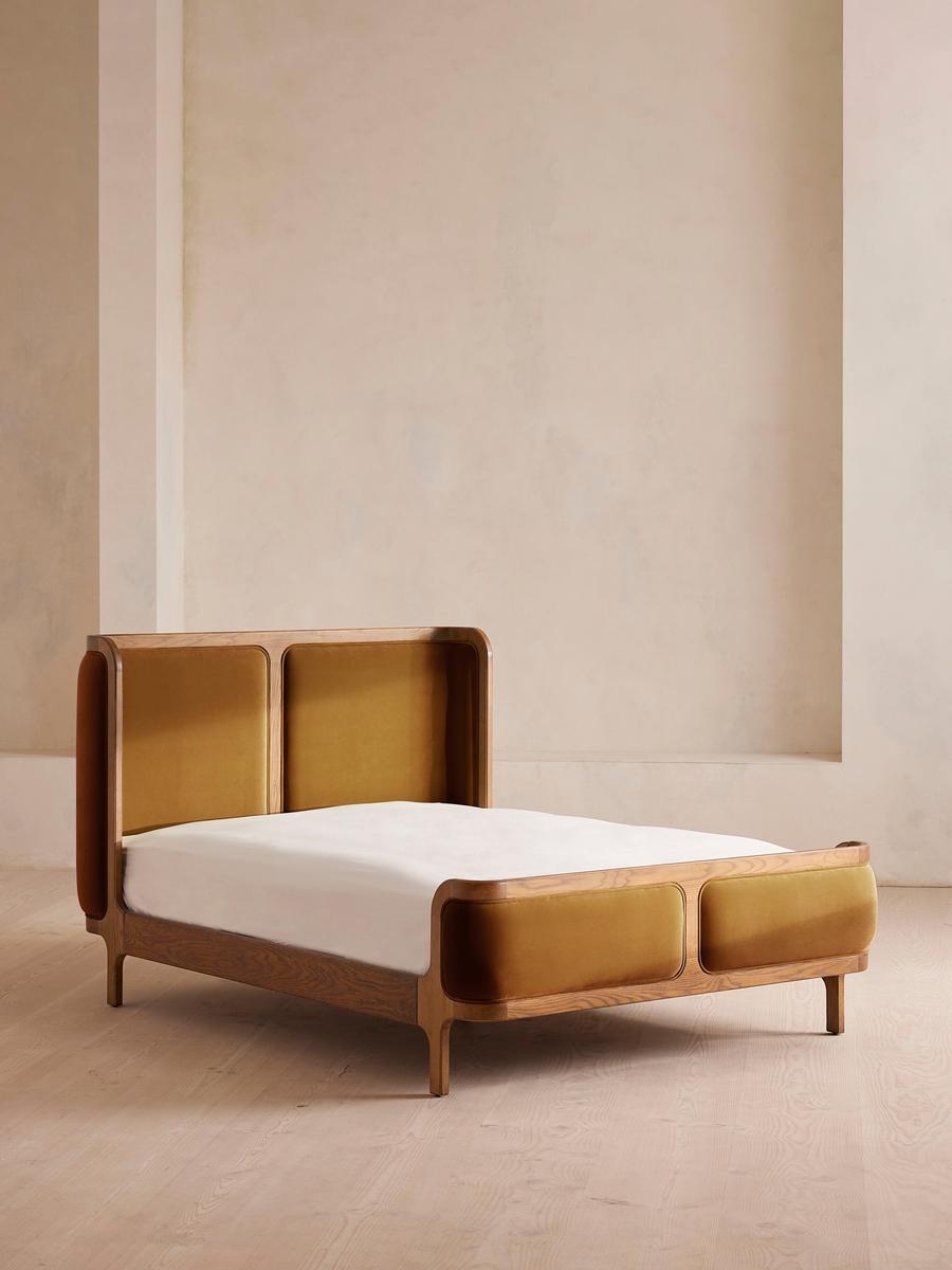 Belsa Bed, Light Oak, King, Velvet, Mustard, US - Image 0