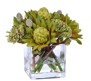 Faux Green Waratah Mixed Composed Arrangement, Square Glass Vase - 10'' - Image 0