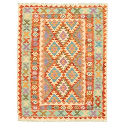 One-of-a-Kind Hand-Knotted New Age 4'9" x 6'4" Wool Area Rug in Orange/Green/Blue - Image 0