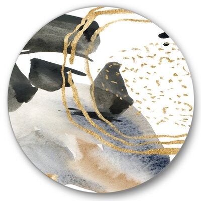 Pastel Abstract With Blue Black Beige & Gold Spots - Modern Metal Circle Wall Art - Image 0