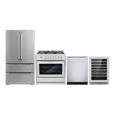 4 Piece Kitchen Package With 36" Freestanding Dual Fuel Range 24" Built-in Fully Integrated Dishwasher Energy Star French Door Refrigerator & 48 Bottle Freestanding Wine Refrigerator - Image 0
