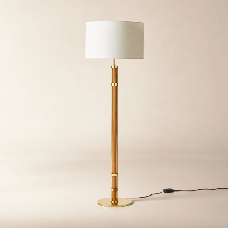 Delaney Rattan And Unlacquered Brass Floor Lamp with Linen Shade - Image 1