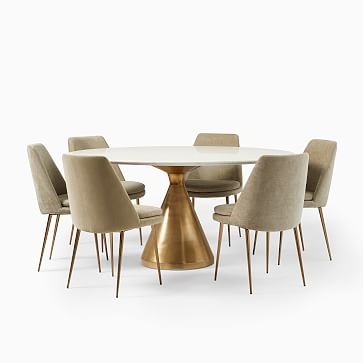 Silhouette Pedestal Round Dining Table (60") + 6 Finley Chair Set (Light Taupe) - Image 0
