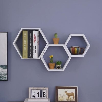 Rustic Hexagon Floating Shelves Wooden Farmhouse Storage Honeycomb Shelves Wall Mounted Geometric Hexagon Shelf Screws Anchors Included For Bedroom Living Room Bathroom Home Wall Decor - Image 0