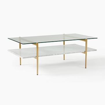Mid-Century Art Display 46" Coffee Table, Marble, Glass, Antique Brass - Image 1