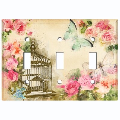 Metal Light Switch Plate Outlet Cover (Flower Bird Cage Butterfly 1 - Triple Toggle) - Image 0