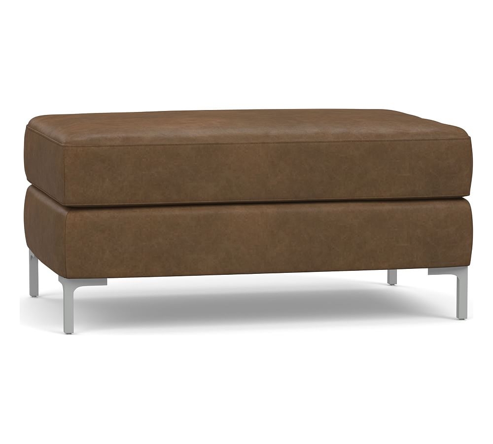 Jake Leather Ottoman with Brushed Nickel Legs, Polyester Wrapped Cushions Churchfield Chocolate - Image 0