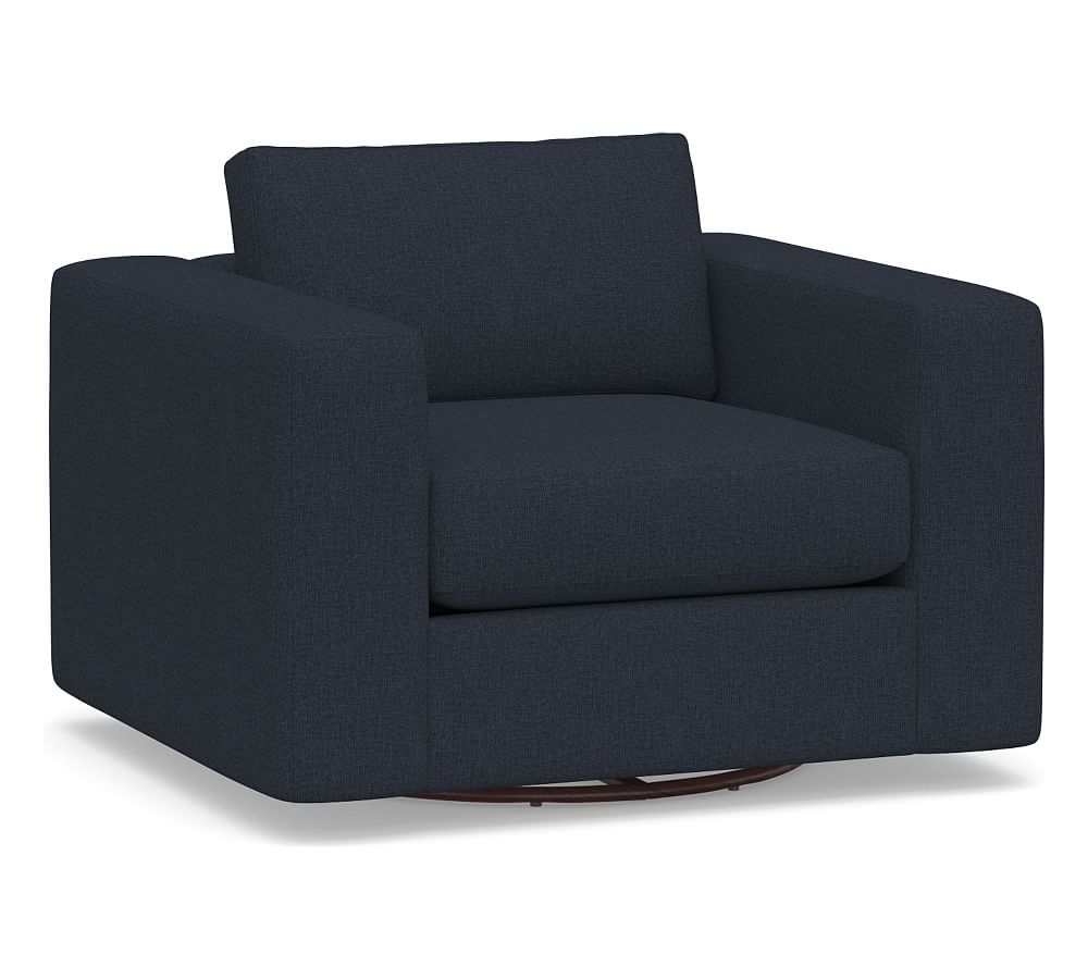 Carmel Square Arm Upholstered Swivel Armchair, Down Blend Wrapped Cushions, Performance Brushed Basketweave Indigo - Image 0