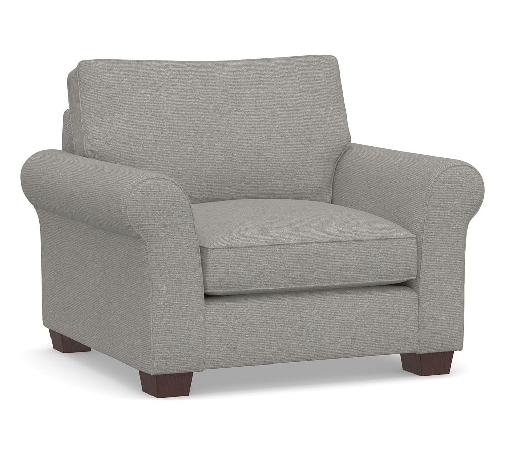 PB Comfort Roll Arm Upholstered Grand Armchair 45", Box Edge Memory Foam Cushions, Performance Heathered Basketweave Platinum - Image 0
