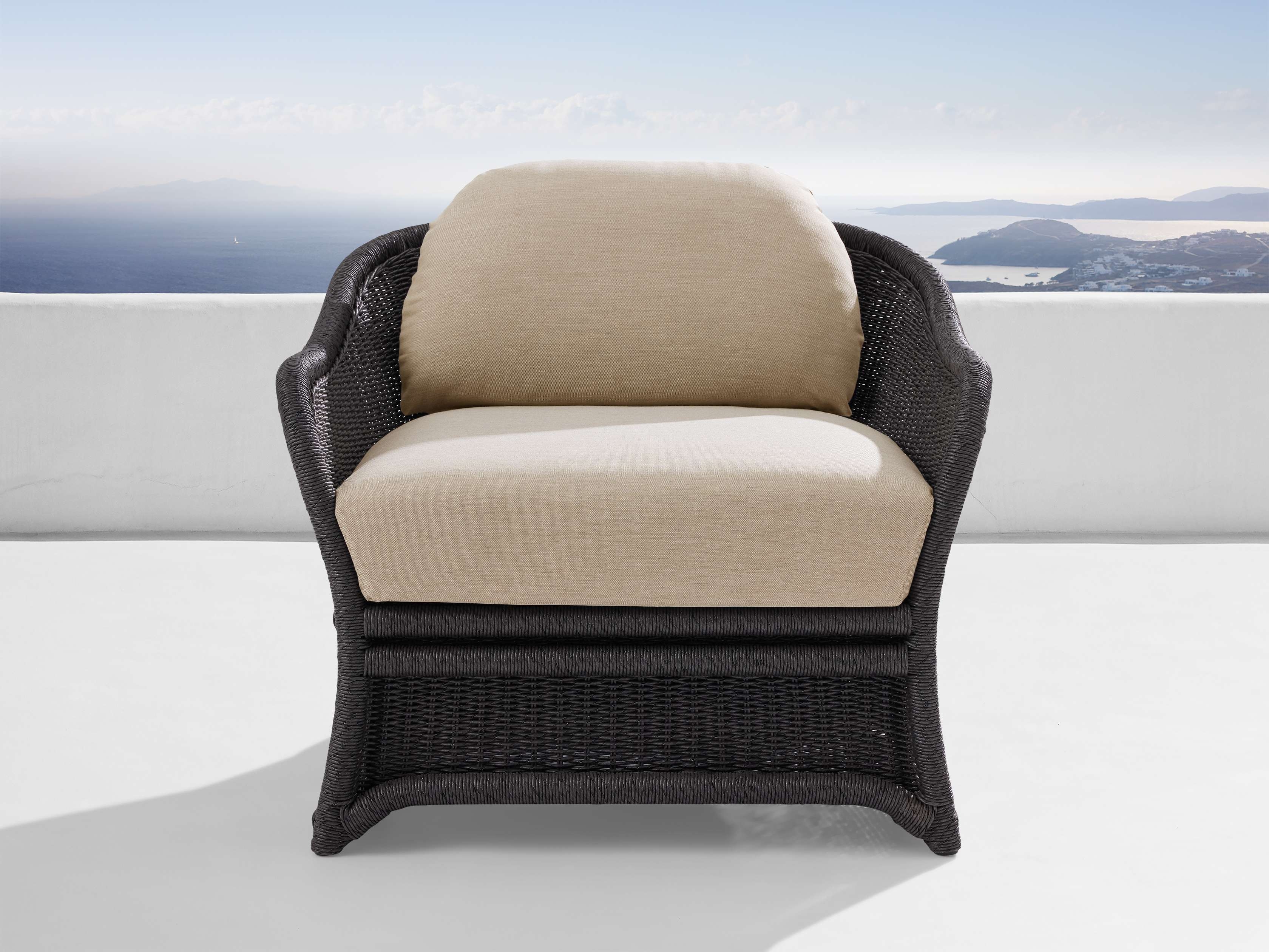 Fowler Outdoor Lounge Chair in All Weather Wicker Black  Rosemount Taupe  - Image 0