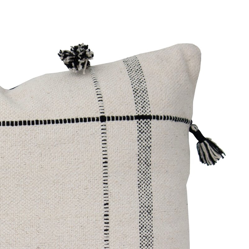 Dakota Fields White Square Pattern Cotton Decorative Throw Pillow With Hand Tied Tassels, 20" x 20" - Image 2