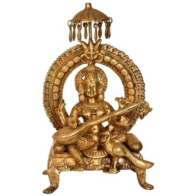 Goddess Saraswati  Seated On Throne With Peacock - Image 0