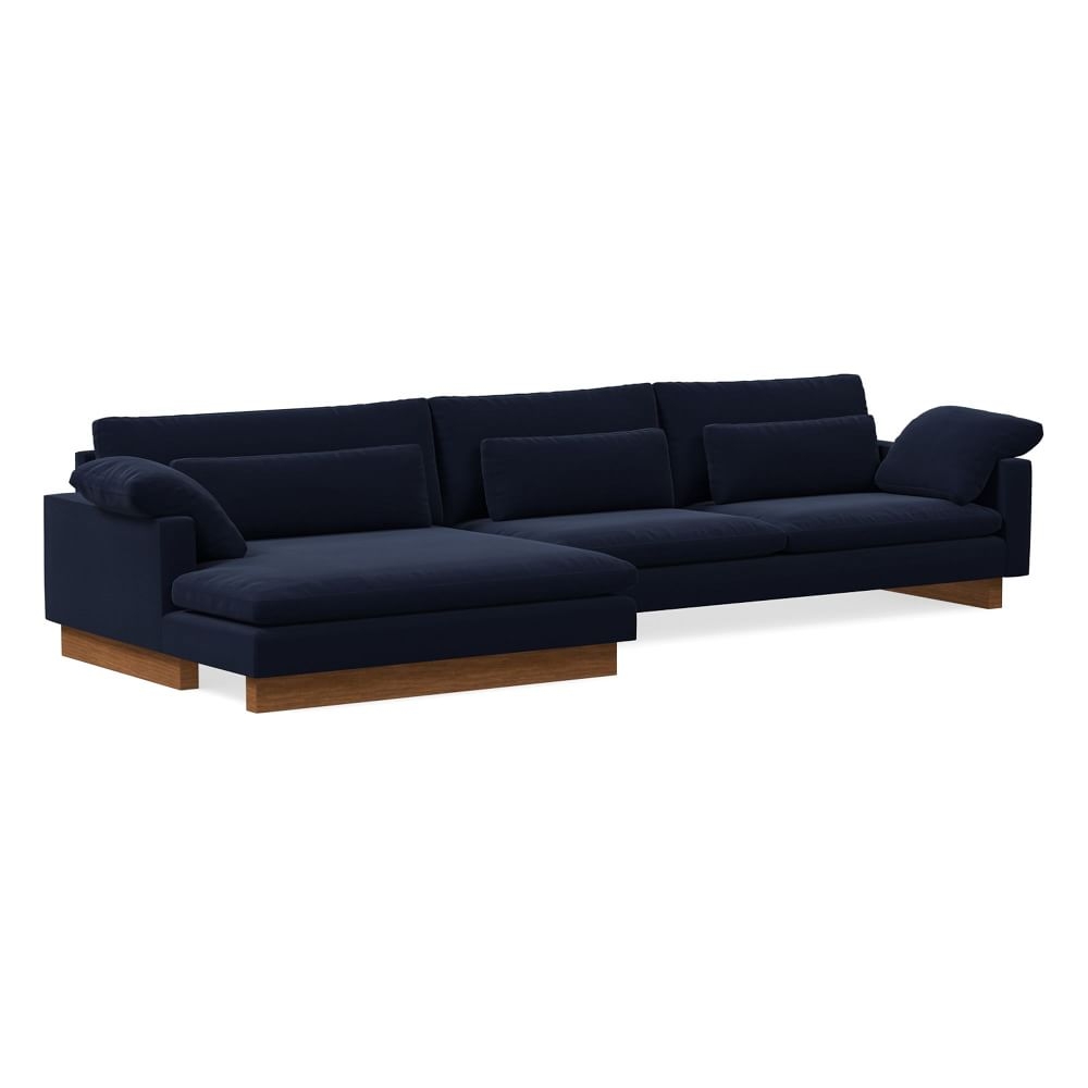 Harmony 146" Left Multi Seat Double Wide Chaise Sectional, Standard Depth, Distressed Velvet, Ink Blue, Dark Walnut - Image 0