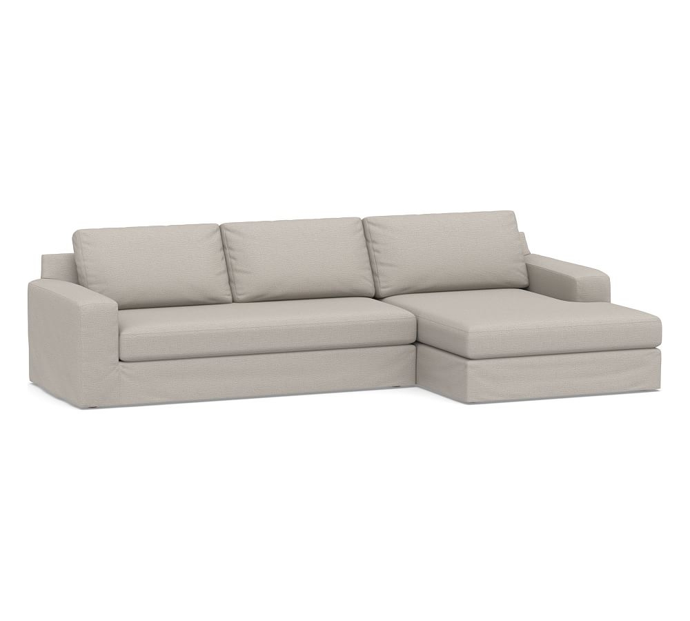 Big Sur Square Arm Slipcovered Left Arm Sofa with Wide Chaise Sectional and Bench Cushion, Down Blend Wrapped Cushions, Chunky Basketweave Stone - Image 0