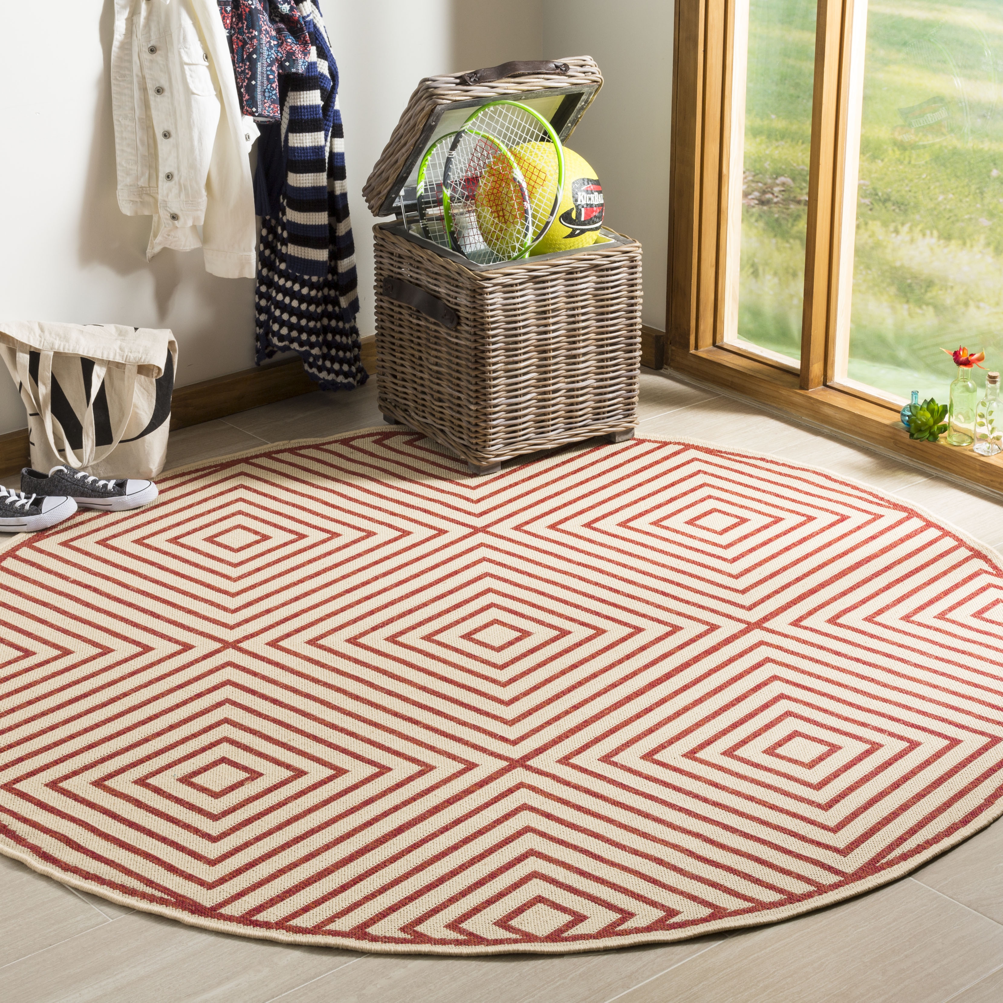 Arlo Home Indoor/Outdoor Woven Area Rug, LND123Q, Red/Cream,  6' 7" X 6' 7" Round - Image 1