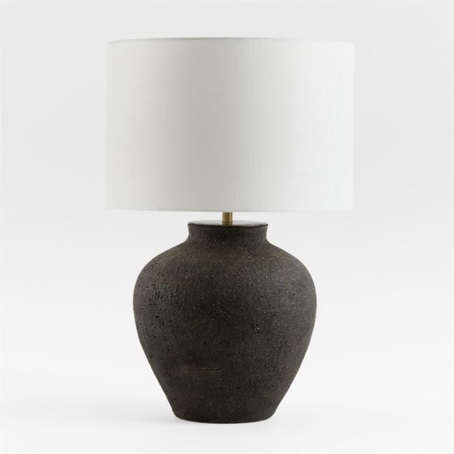 Corfu Black Table Lamp with Linen Drum Shade - Image 1