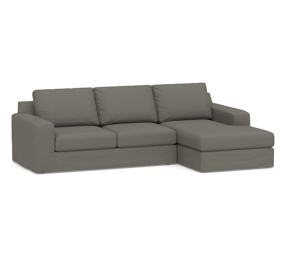 Big Sur Square Arm Slipcovered Left Arm Loveseat with Chaise Sectional, Down Blend Wrapped Cushions, Chunky Basketweave Metal - Image 0