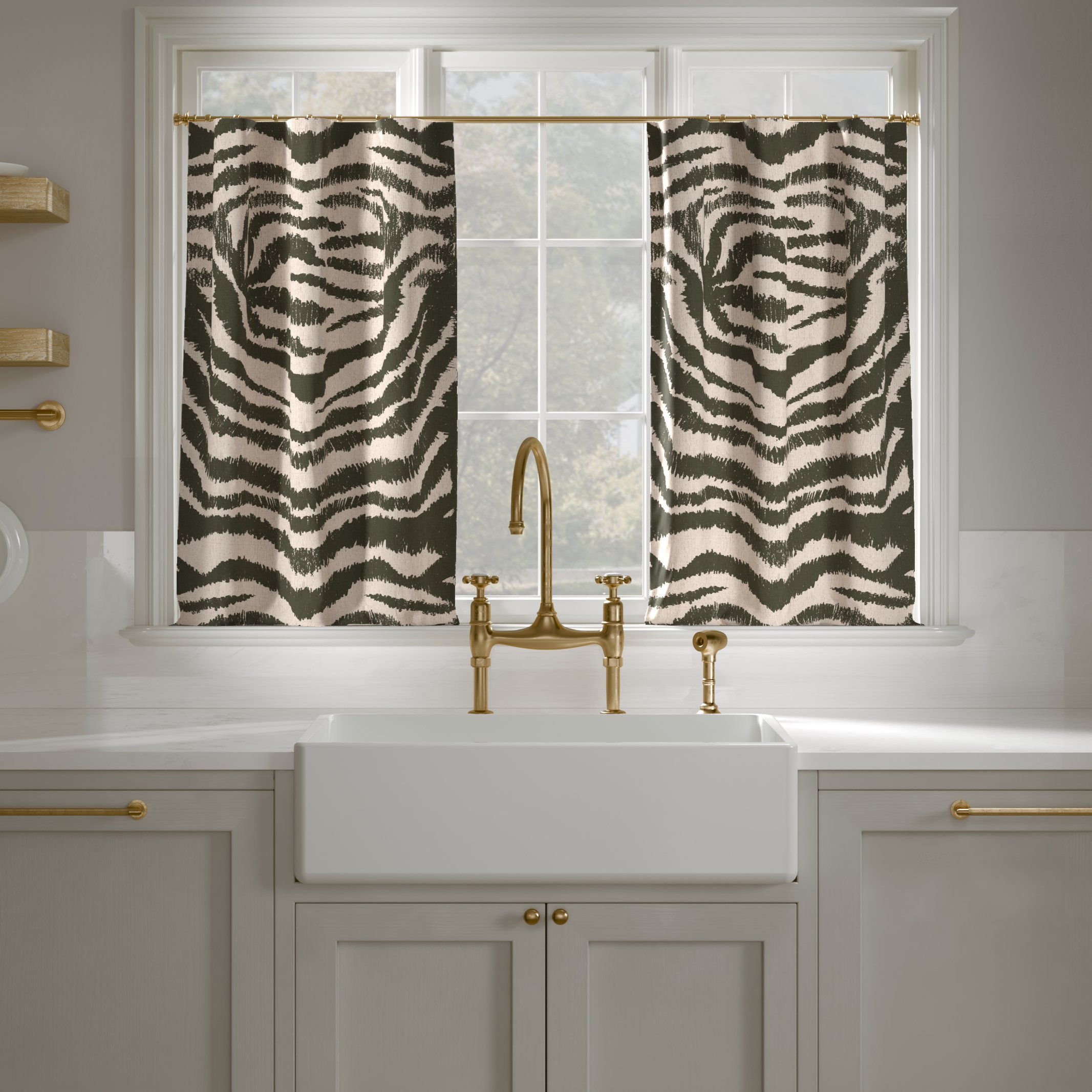 Printed Linen Café Curtain, Zebra, 25" x 30", Privacy - Image 0