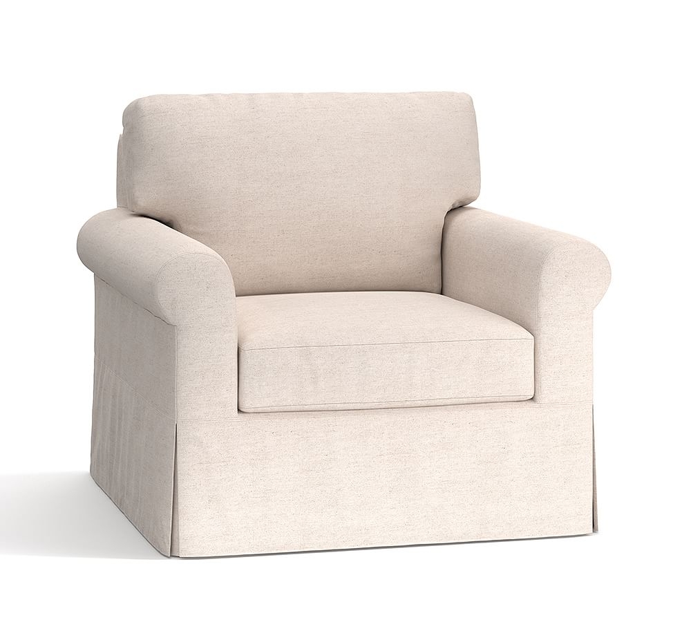 York Roll Arm Slipcovered Swivel Armchair, Down Blend Wrapped Cushions, Performance Heathered Basketweave Alabaster White - Image 0