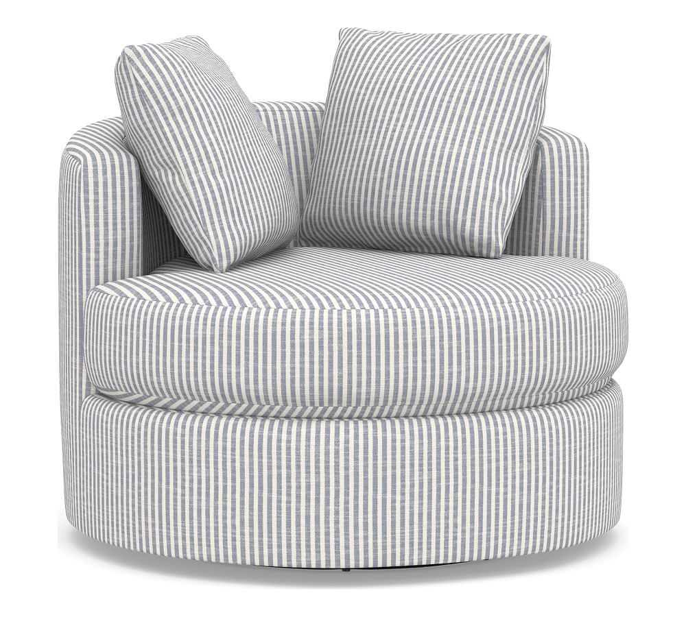 Balboa Upholstered Swivel Armchair, Standard Cushions, Classic Stripe Blue - Image 0