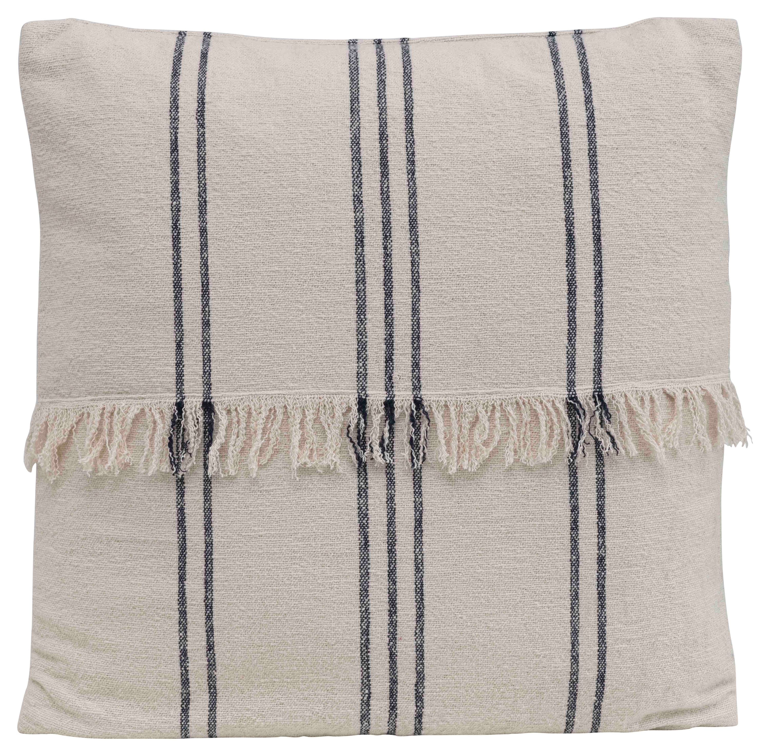 Square Striped Cotton Mudcloth Pillow with Fringe Center - Image 0
