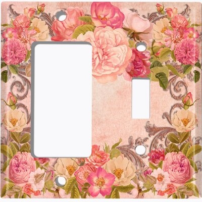Metal Light Switch Plate Outlet Cover (Pink Rose Frame 1 - (L) Single GFI / (R) Single Toggle) - Image 0