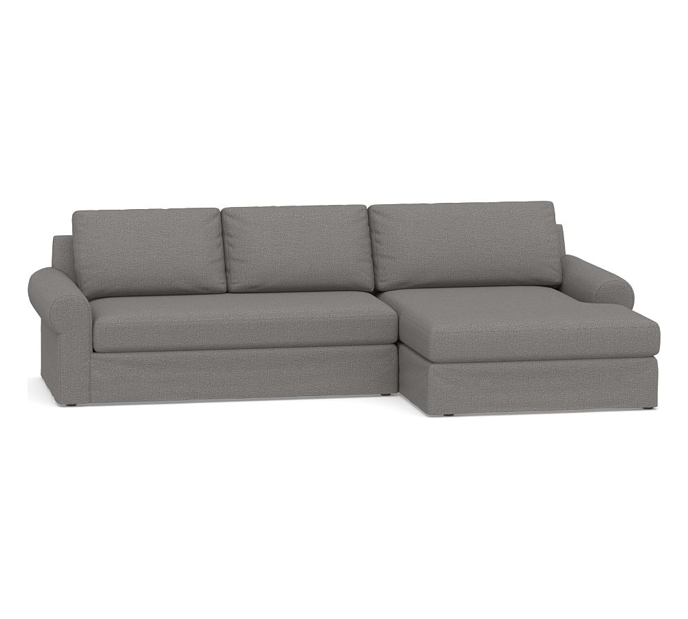 Big Sur Roll Arm Slipcovered Left Arm Loveseat with Double Chaise Sectional and Bench Cushion, Down Blend Wrapped Cushions, Performance Chateau Basketweave Blue - Image 0