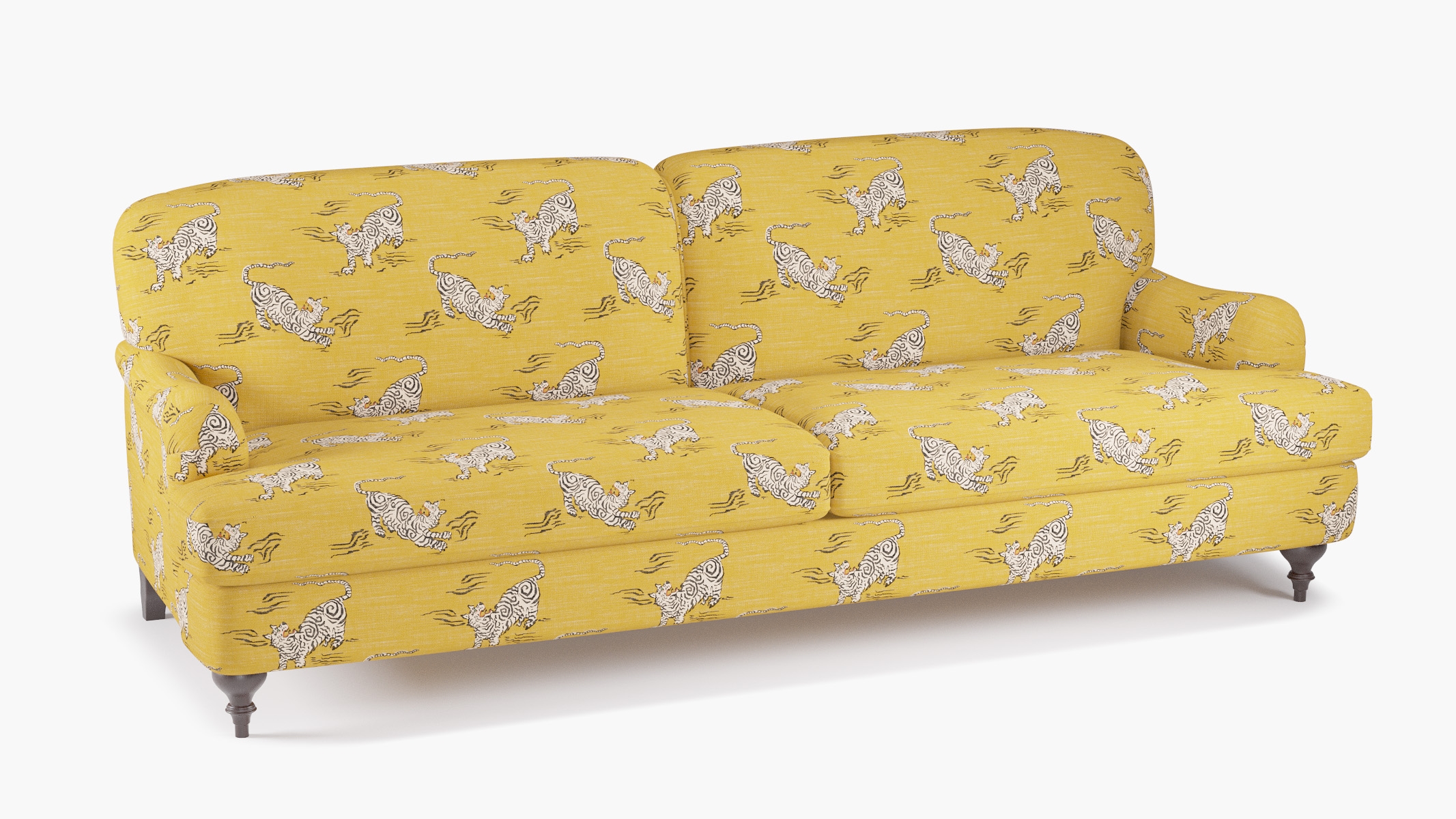 English Roll Arm Sofa, Dijon Tigresse, Espresso Turned Wood Leg - Image 1