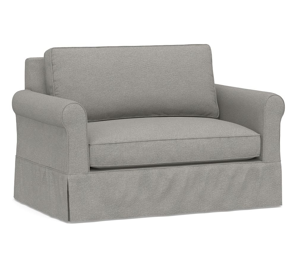 Cameron Roll Arm Slipcovered Twin Sleeper Sofa with Memory Foam Mattress, Polyester Wrapped Cushions, Performance Heathered Basketweave Platinum - Image 0