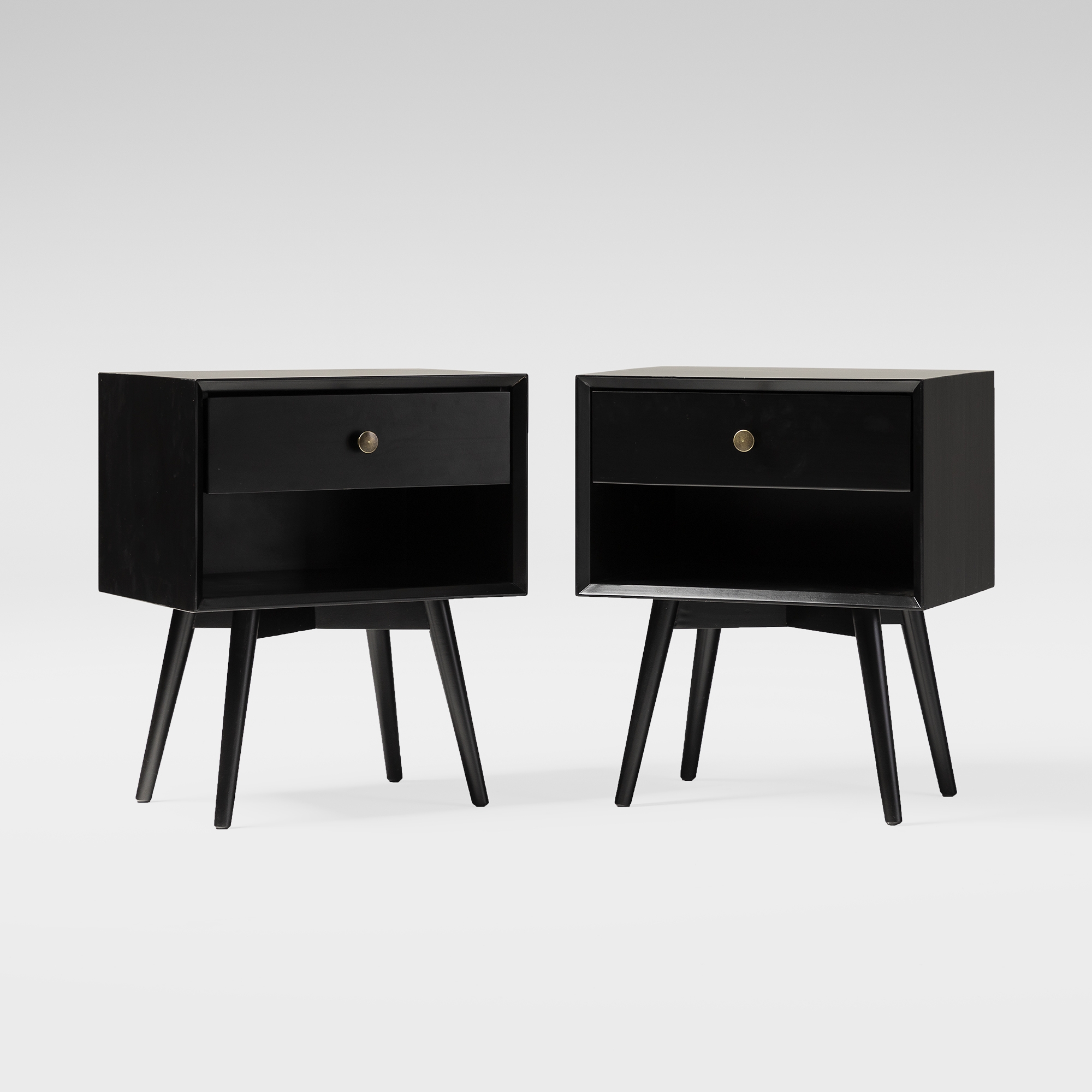 2 Piece 1-Drawer Mid-Century Solid Wood Nightstand - Black - Image 2
