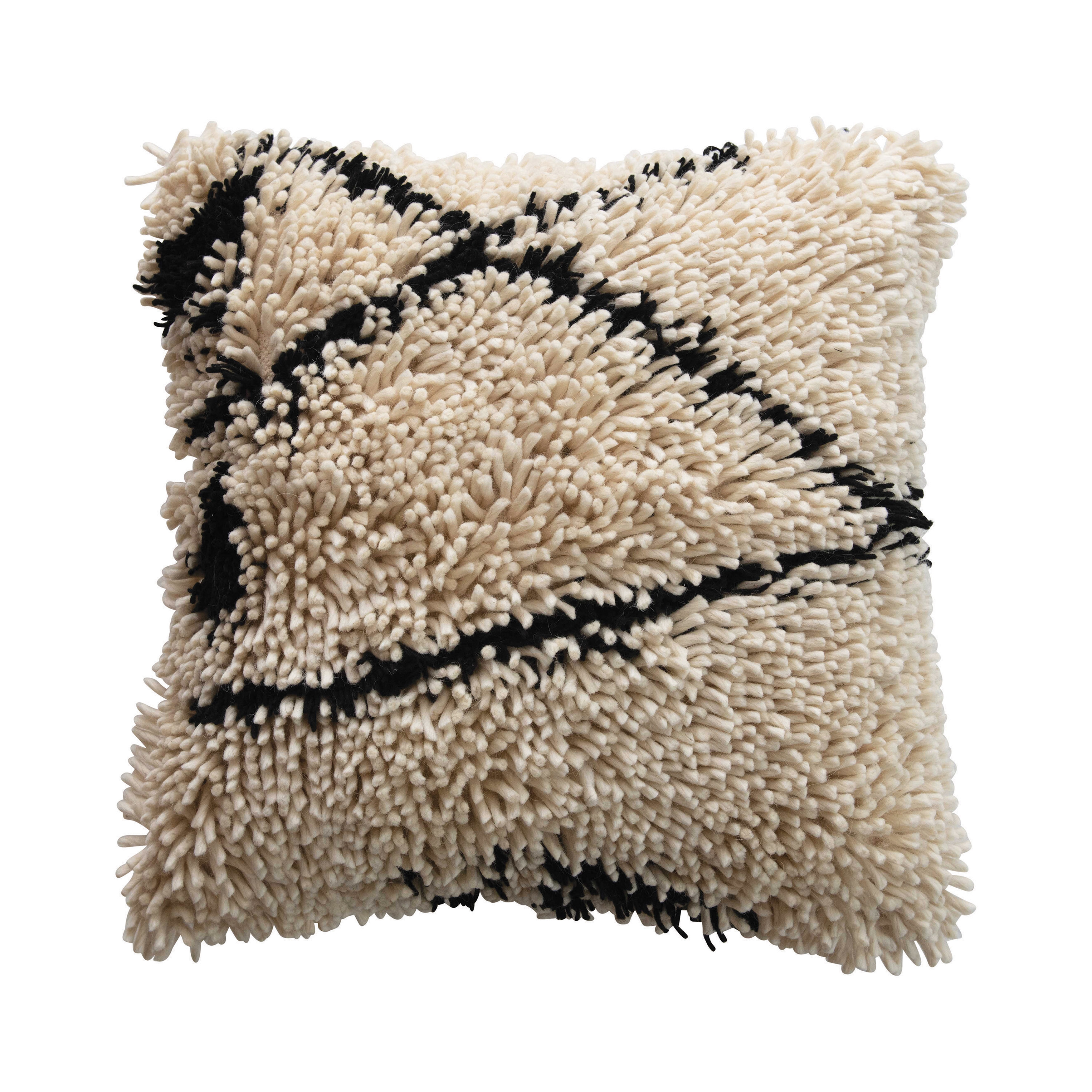 Woven Wool Shag Pillow, Black & Cream Color - Image 0