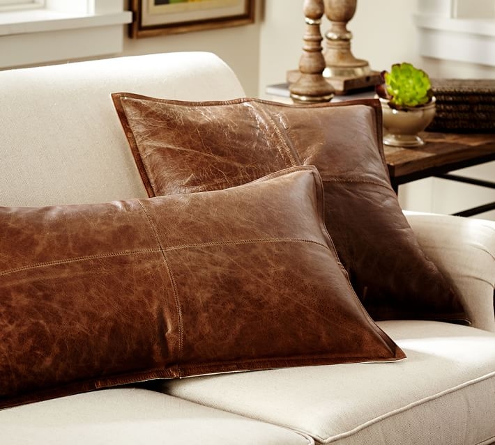 Pieced Leather Lumbar Pillow Cover, 16 x 26", Whiskey Brown - Image 3