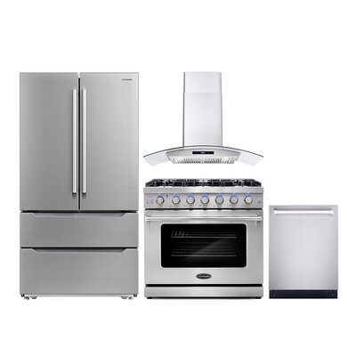 4 Piece Kitchen Package With 36" Freestanding Gas Range 36" Wall Mount Range Hood 24" Built-in Fully Integrated Dishwasher & Energy Star French Door Refrigerator - Image 0