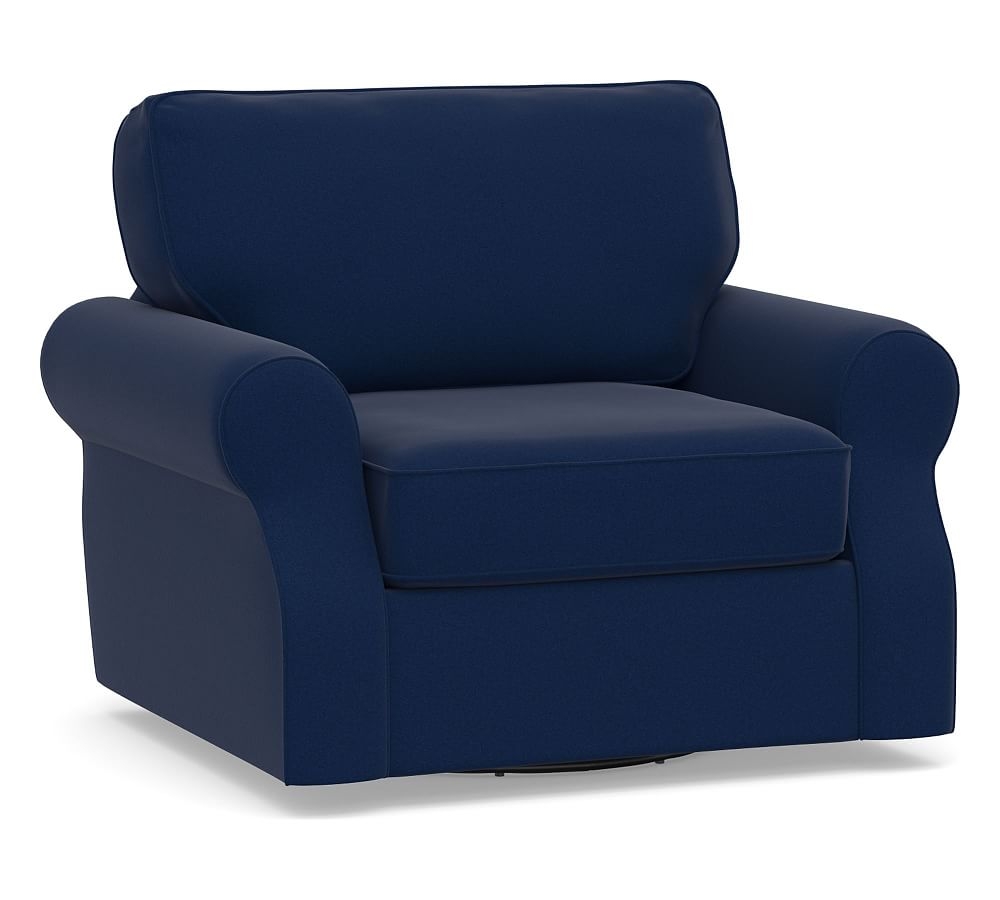 SoMa Fremont Roll Arm Upholstered Swivel Armchair, Polyester Wrapped Cushions, Performance Everydayvelvet(TM) Navy - Image 0