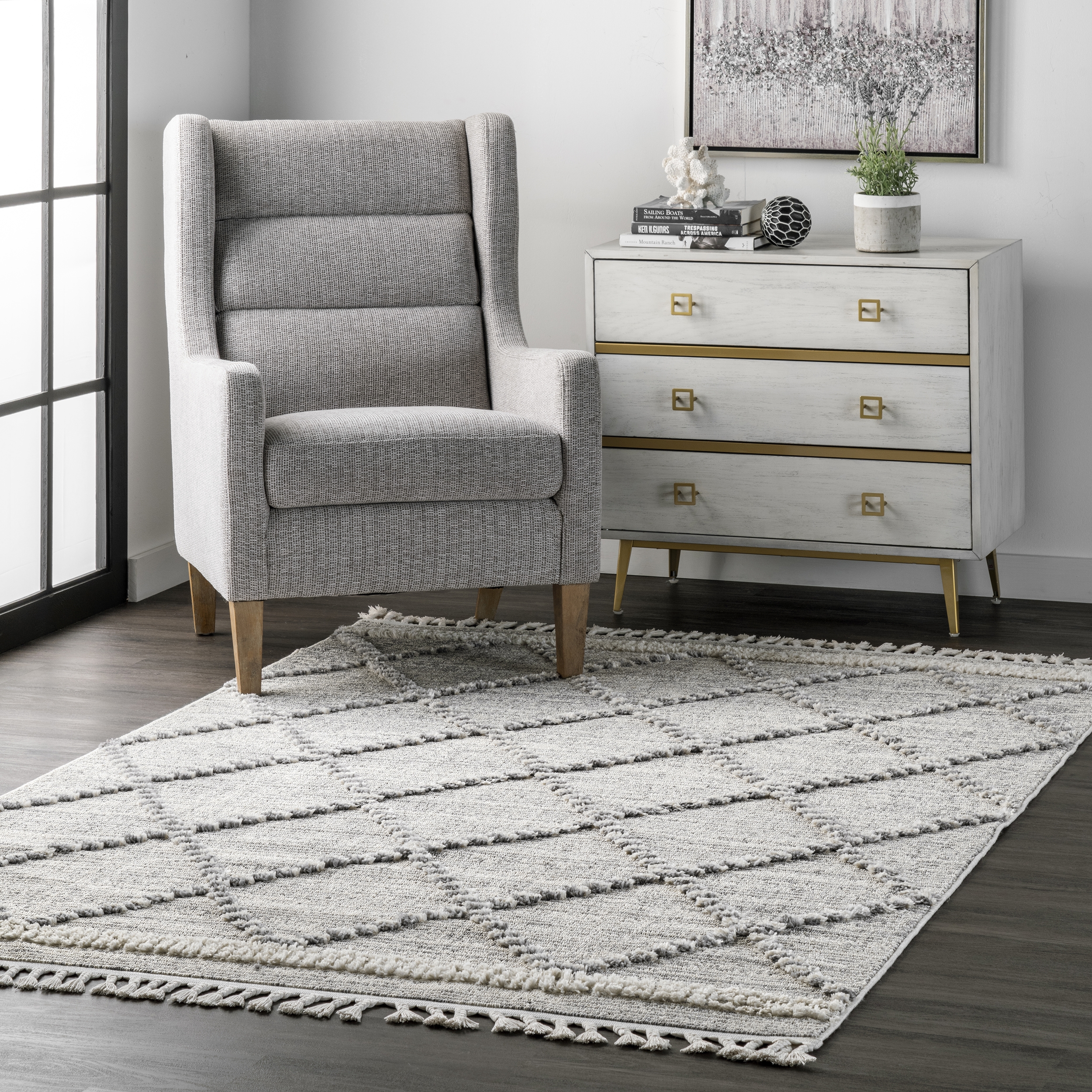 Skylar Textured Trellis Tasseled Area Rug - Image 0