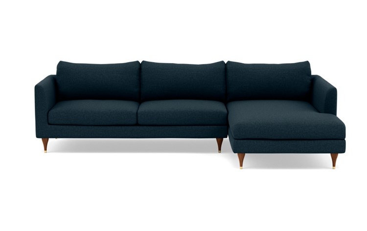 Owens Right Sectional with Blue Union Fabric, extended chaise, and Oiled Walnut with Brass Cap legs - Image 0