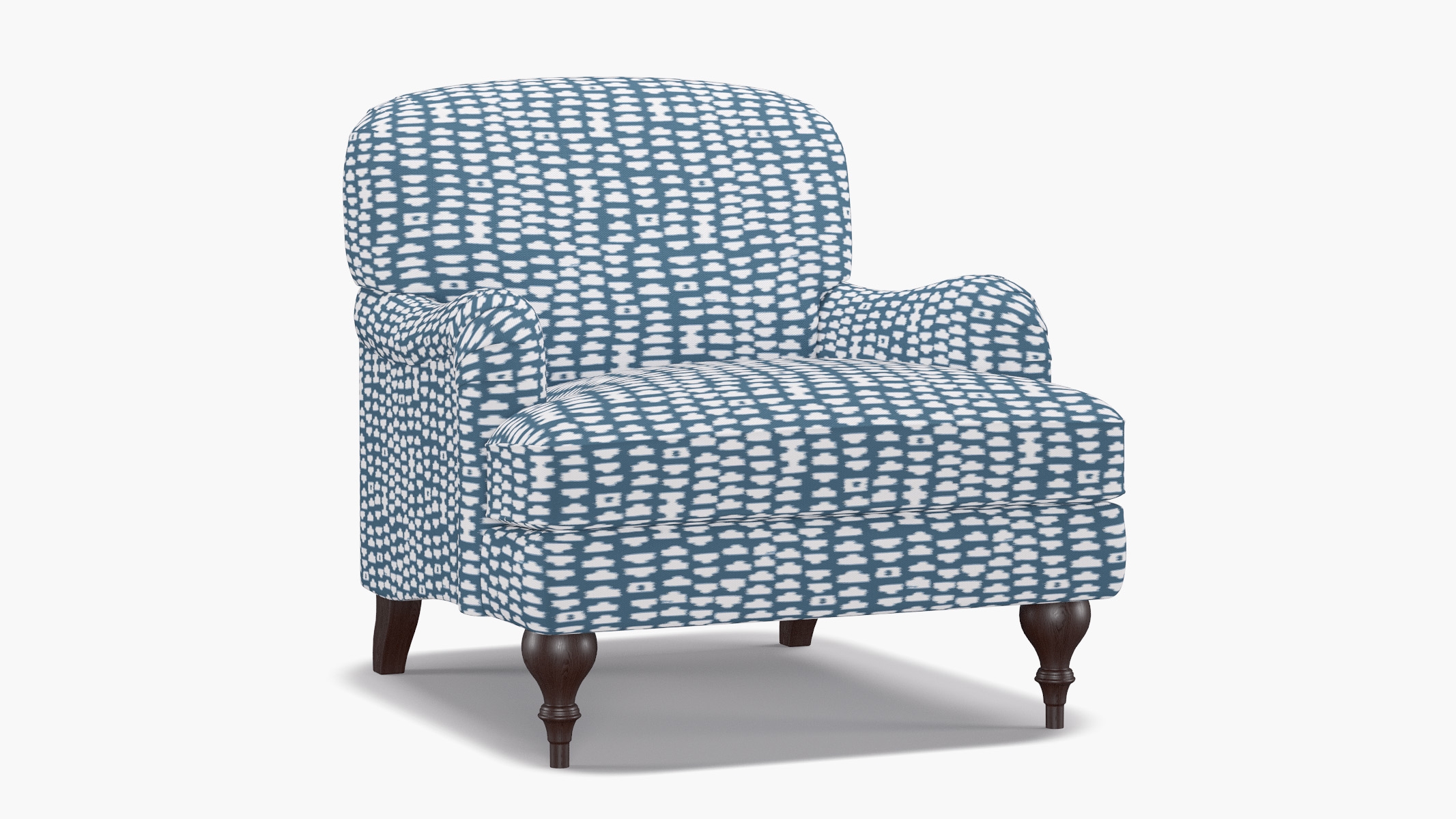 English Roll Arm Chair, Dusty Blue Odalisque, Espresso Turned Wood Leg - Image 1