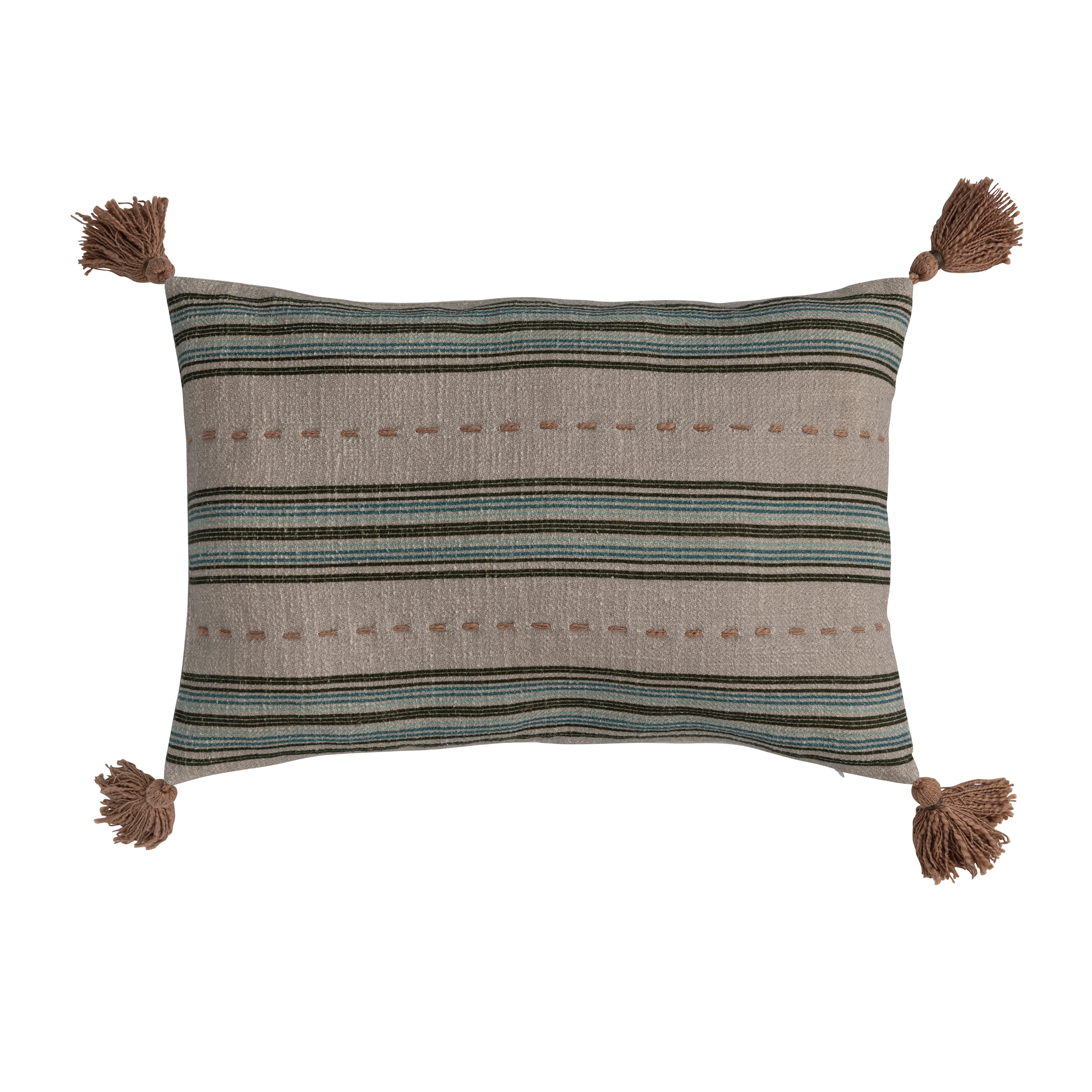 20 Inches Cotton Slub Printed Lumbar Pillow with Hand-Embroidered Stripes and Tassels, Multicolored - Image 0