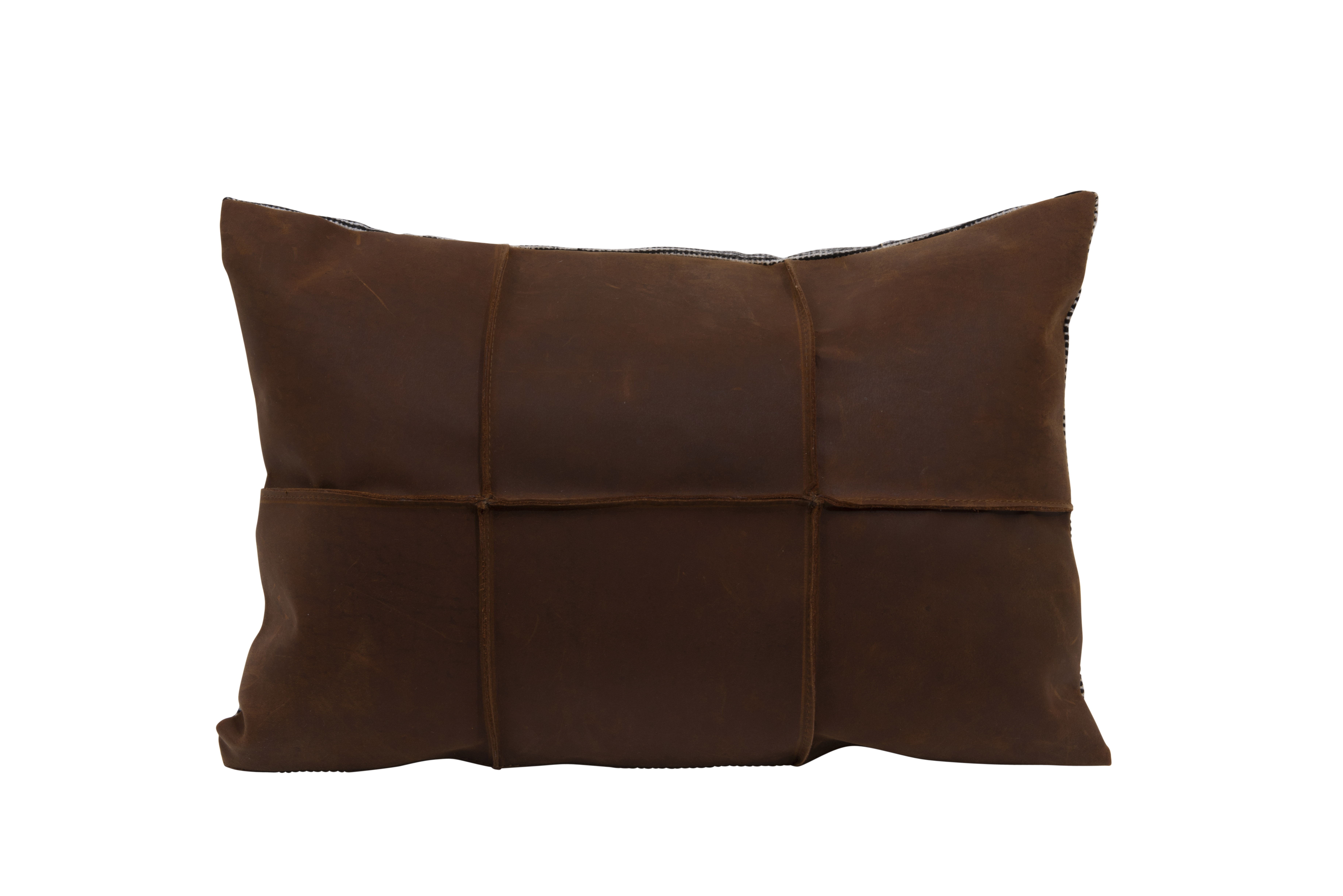 Brown Leather Pillow with Black & White Striped Felt Back - Image 0