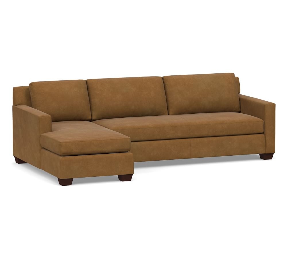 York Square Arm Leather Right Arm Sofa 107" with Chaise Sectional and Bench Cushion, Polyester Wrapped Cushions, Nubuck Camel - Image 0