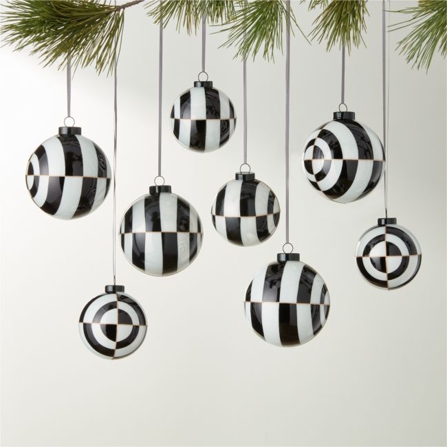 Versailles Black and White Glass Christmas Tree Ornaments Set of 8 - Image 0