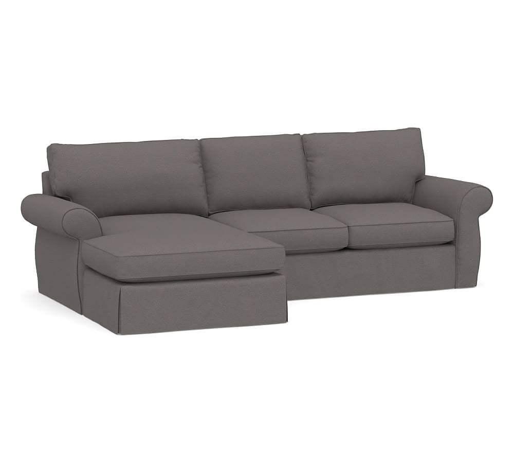 Pearce Roll Arm Slipcovered Right Arm Loveseat with Double Chaise Sectional, Down Blend Wrapped Cushions, Sunbrella(R) Performance Slub Tweed Charcoal - Image 0