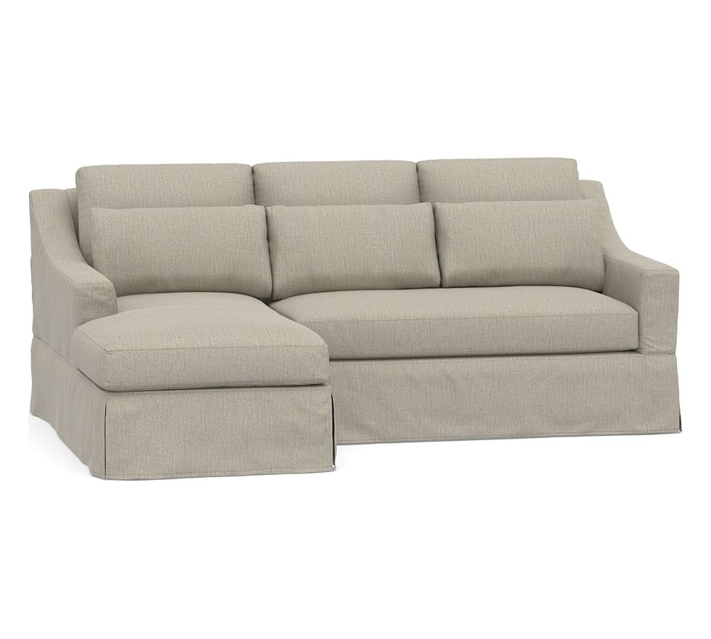 York Slope Arm Slipcovered Deep Seat Right Arm Loveseat with Chaise Sectional, Bench Cushion, Down Blend Wrapped Cushions, Chenille Basketweave Pebble - Image 0