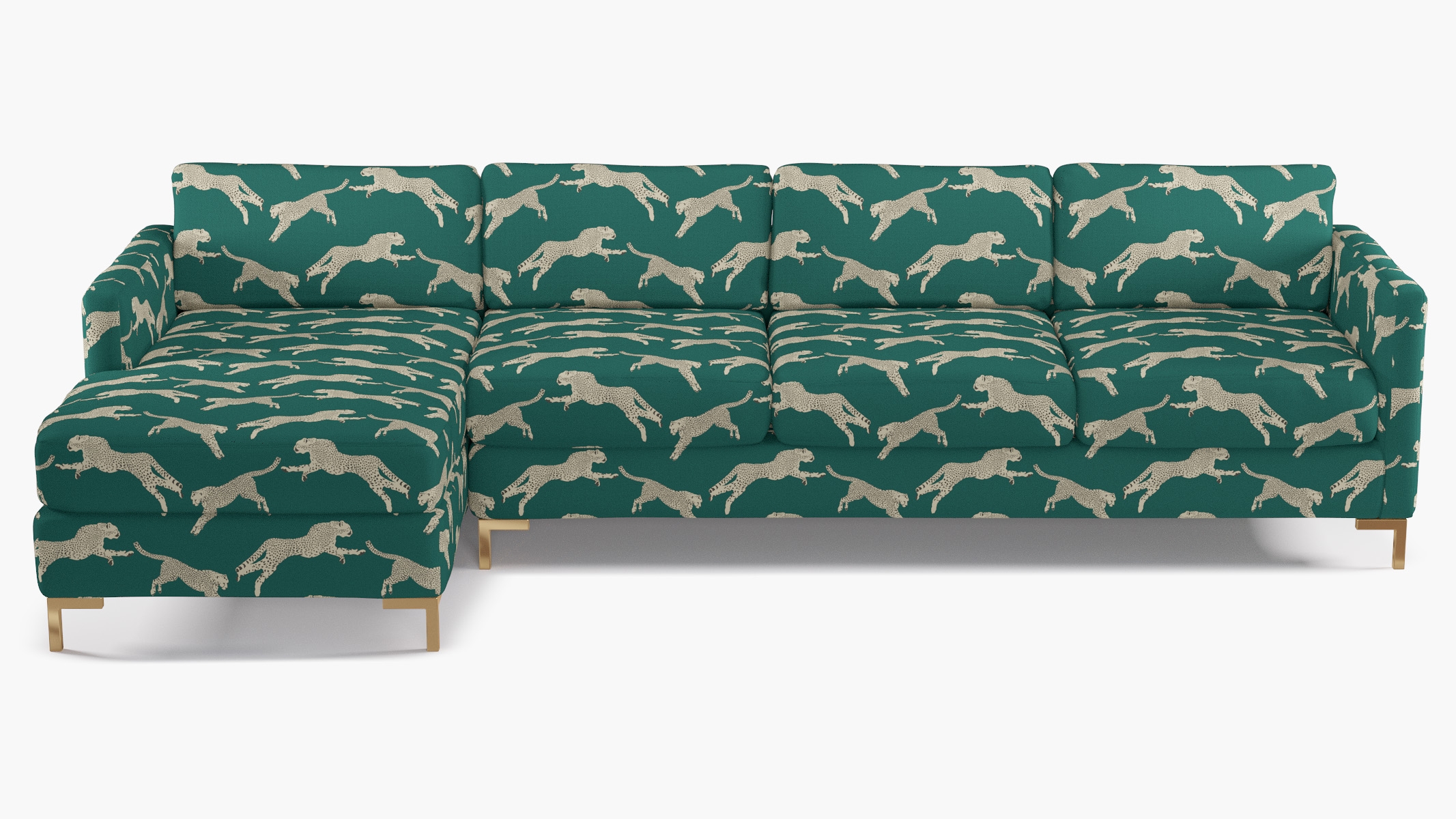 Modern Sectional, Left Facing, Polo Green Cheetah, Brass L Leg - Image 0